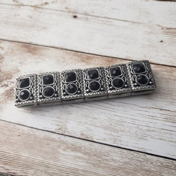 Dark Silver Tone Black Gem Detail Stretch Bracelet - Stretchy & Chunky - Picture 3 of 4